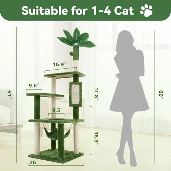 55" Large Cat Tree Tower for Indoor Cats with DIY Green Leaves Scratching Post, Multi Soft Hang Ball, Plush Cat House Furniture