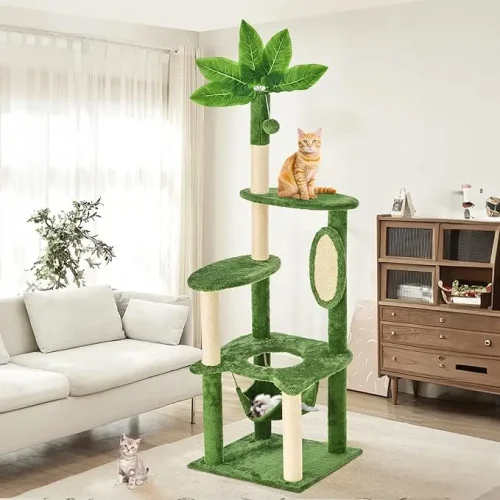 55" Large Cat Tree Tower for Indoor Cats with DIY Green Leaves Scratching Post, Multi Soft Hang Ball, Plush Cat House Furniture