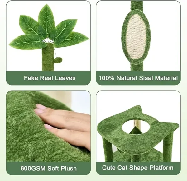 55" Large Cat Tree Tower for Indoor Cats with DIY Green Leaves Scratching Post, Multi Soft Hang Ball, Plush Cat House Furniture