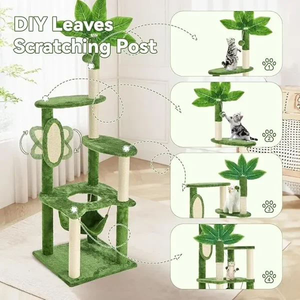 55" Large Cat Tree Tower for Indoor Cats with DIY Green Leaves Scratching Post, Multi Soft Hang Ball, Plush Cat House Furniture