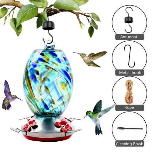 Creative Humming Bird Feeder Hanging Bird Food Feeding Outdoor Stained Glass Bird Hanging Feeder Pet Drinker Water Bowl Decor