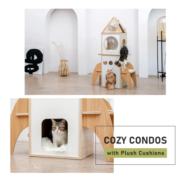 Rocket Cat Tree Tower Multilevel Cat Tree Scratching Sisal Posts, Wooden Cat Tower, Climbing Frame with Cozy Condos, Luxury Nest