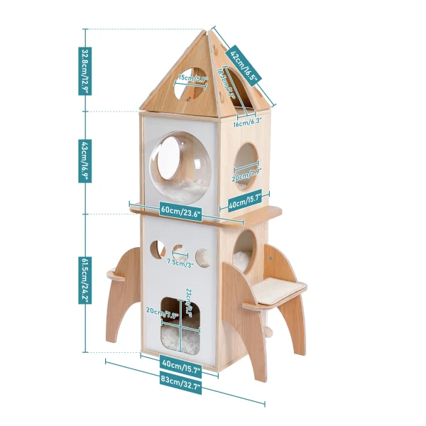 Rocket Cat Tree Tower Multilevel Cat Tree Scratching Sisal Posts, Wooden Cat Tower, Climbing Frame with Cozy Condos, Luxury Nest