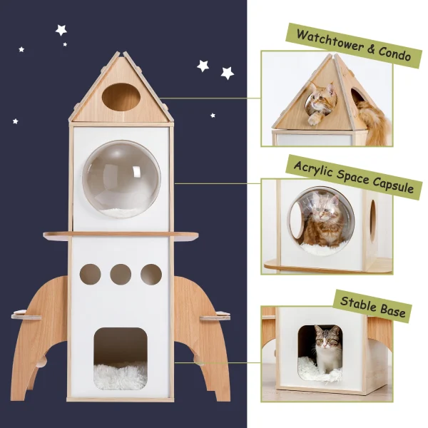 Rocket Cat Tree Tower Multilevel Cat Tree Scratching Sisal Posts, Wooden Cat Tower, Climbing Frame with Cozy Condos, Luxury Nest
