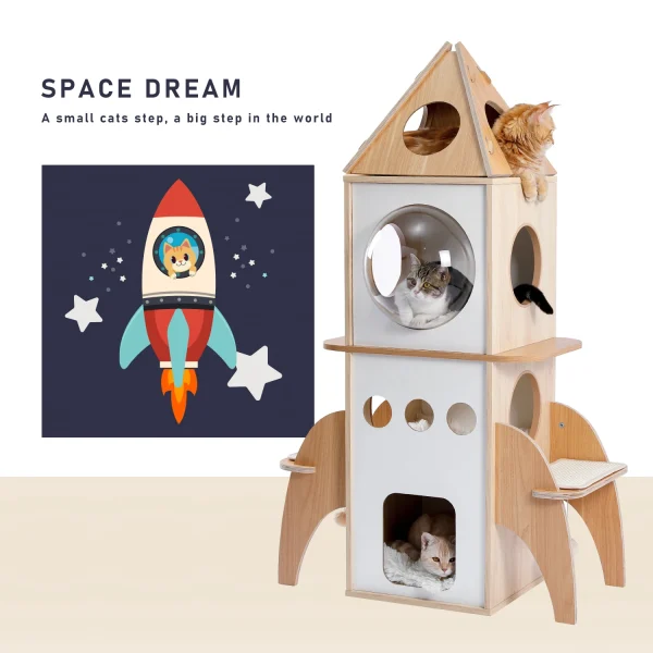Rocket Cat Tree Tower Multilevel Cat Tree Scratching Sisal Posts, Wooden Cat Tower, Climbing Frame with Cozy Condos, Luxury Nest