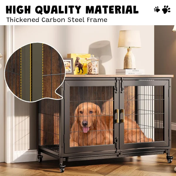 37.5 Inch Furniture Dog Crate with Wheels Pet Puppy Dogs Indoor Wooden Kennel with Removable Tray Pet Crate House for Dogs
