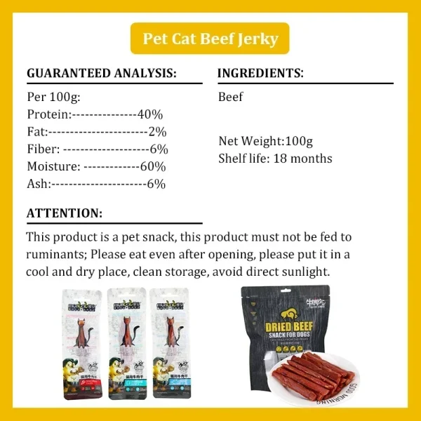 New Cat Snacks Beef Jerky 100g Taurine Omega Balanced Nutrition Delicious Healthy Kittens Sharpening Teeth Beef Strips Pet Food