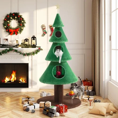 63 Inches Cat Tree for Indoor Kitty/Tower with 3 Condos/ 5ft Christmas Tree Party Decoration/Activity Center Play House