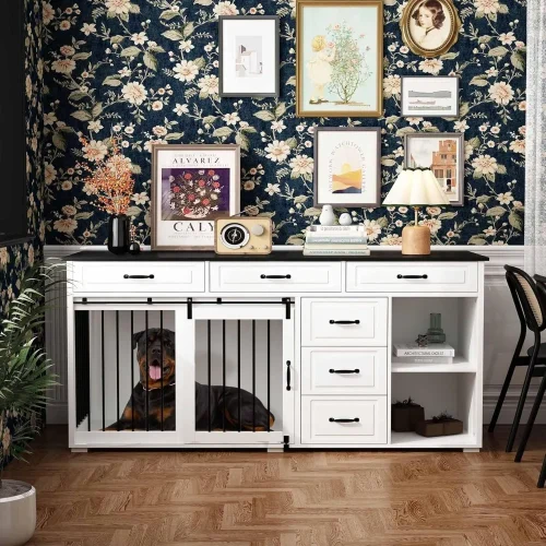 Dog Crate Funiture with Storage, 67" Wooden Heavy Duty Dog Kennel Table Furniture with Drawers & Shelves, Indoor Dog House TV St