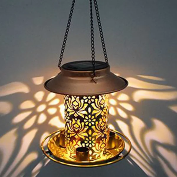 Solar Bird Feeder LED Lamp Hanging Bird Drinker Feeder IP55 Waterproof Metal Solar Energy Bird Feeders Outside/Garden Decoration