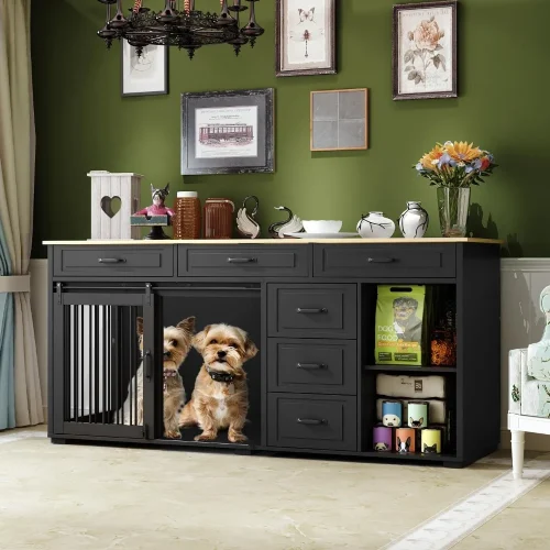 Dog Crate Funiture with Storage, 72.4" Wooden Heavy Duty Dog Kennel Table Furniture with Drawers & Shelves, Indoor Dog House TV