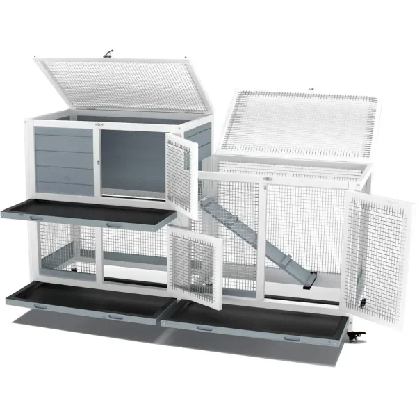 Two Floors 58" Wooden Indoor Bunny Hutch Rabbit Cage on Wheels Guinea Pig PET House for Small to Medium Animals