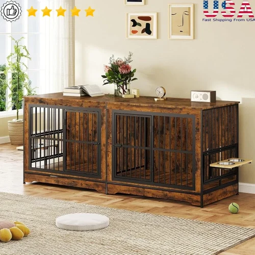 Double Dog Crate Indoor Wooden Kennel with Rotatable Bowl Adjustable Feet Pet Furniture Large Dogs Stable Design Pet House