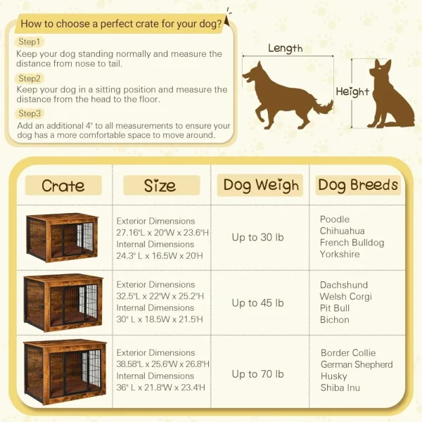 Dogs Crate Furniture with Thick Cushion, Side End Table Wooden Dogs Cage with Double Doors, Chew-Resistant Dogs Kennel Dog House