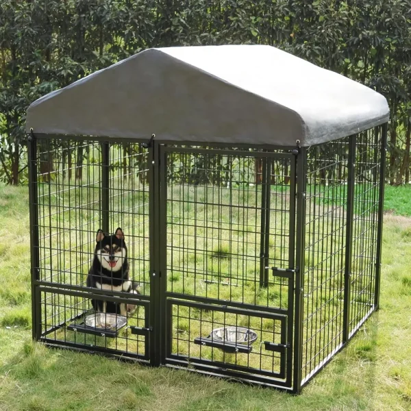 Dog Kennel Outdoor 4.5 x4.5 x4.9 ft with Roof and Rotating Bowl Holders, Large Metal Dog Enclosure, Heavy Duty Dog House Built