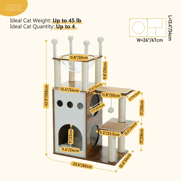 Modern Cat Tree, Wooden Cat Tower with Scratching Posts, Large Condo, Capsule Nest, and Dangling Balls, Cat Furniture for Indoor