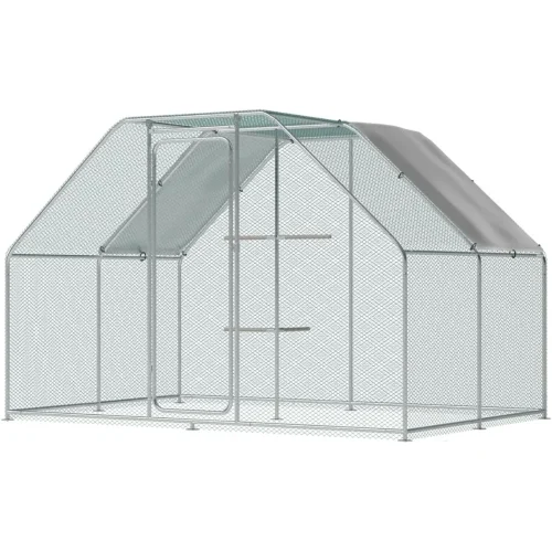 Large Metal Chicken Coop Run with Climbing Frame, Outdoor Walk-in Poultry Cage Flat Top with Waterproof&Anti-UV Cover, for Outdo