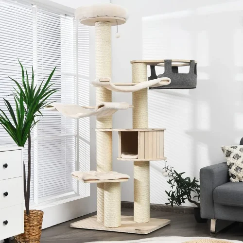 Tangkula Large Cat Tree, Multi-Level Tall Cat Tower with Sisal Scratching Posts, Hammocks, Hanging Basket, Cat Condo and Removab