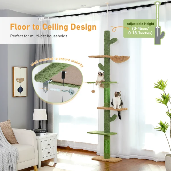 Cat Tree 5-Tier Floor to Ceiling Cat Tower Cactus Tall Climbing Tree with Scratching Post Hammock Dangling Ball for Indoor Cats