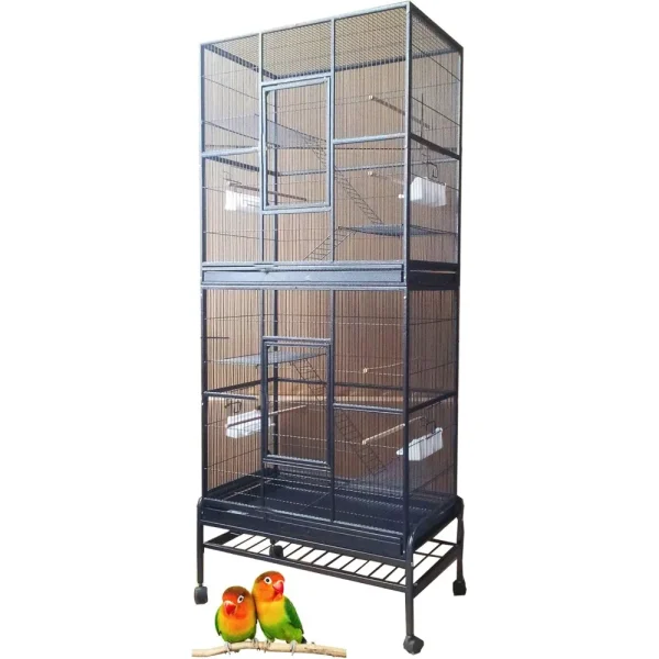 76" Extra Large Double Stackable Wrought Iron Breeding Bird Parrot Cockatiel Conure Breeder Flight Cage Double Feeder Cups Side