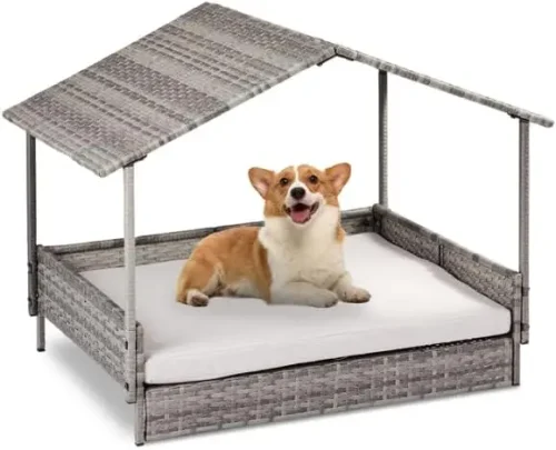 Wicker Dog House Elevated Rattan Bed with Canopy and Washable Cushion Cover Indoor Outdoor Raised Pet House for Small Medium