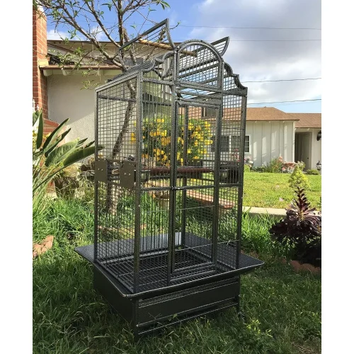 Large Elegant Wrought Iron Open Dome Play Top Bird Parrot Cage, Include Large Front Door and Small Pull Down Door, Metal Seed Gu