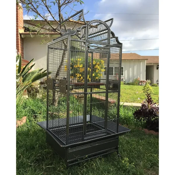 Large Elegant Wrought Iron Open Dome Play Top Bird Parrot Cage, Include Large Front Door and Small Pull Down Door, Metal Seed Gu