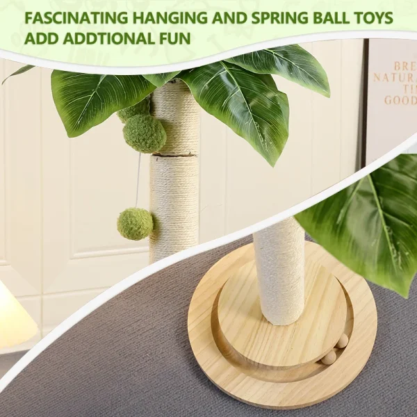 Cat Scratching Post with Hanging Balls, Natural Sisal Rope Scratch Post Tree Kitten Interactive Toy with Wooden Track Ball