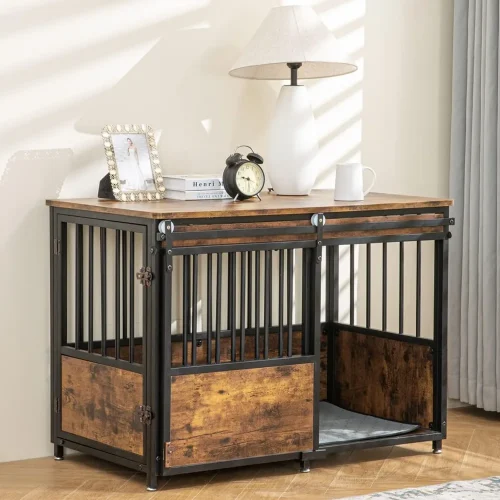 Dog Crate Furniture with Cushion for Large Medium Dogs, Wooden Heavy DutyKennel with Double Doors, Decorative Pet House