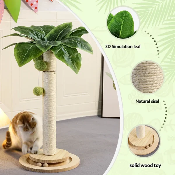 Cat Scratching Post with Hanging Balls, Natural Sisal Rope Scratch Post Tree Kitten Interactive Toy with Wooden Track Ball