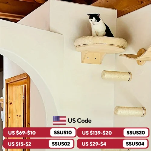 Cat Wall Mounted Solid Wooden Furniture Climbing Ladder and Cat Hammock with Scratching Post for Activity Indoor Cats Perches