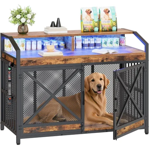 Dream 43.3" Large Dog Crate Furniture, Heavy Duty Dog Kennel Indoor With LED Light, Wooden Decorative Pet House End Tabl