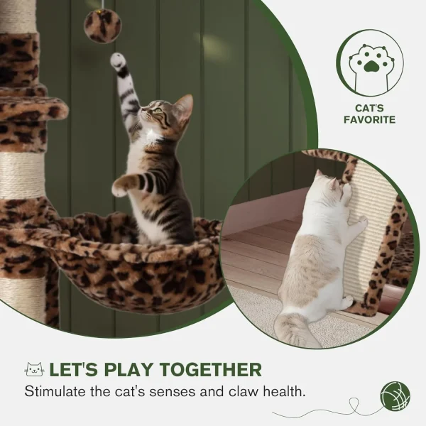68 Inches Multi-Level Large Cat Tree Tower with Cat Condo/Cozy Plush Cat Perches/Sisal Scratching Posts & Hammocks Leopard Print
