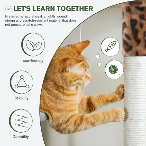 68 Inches Multi-Level Large Cat Tree Tower with Cat Condo/Cozy Plush Cat Perches/Sisal Scratching Posts & Hammocks Leopard Print