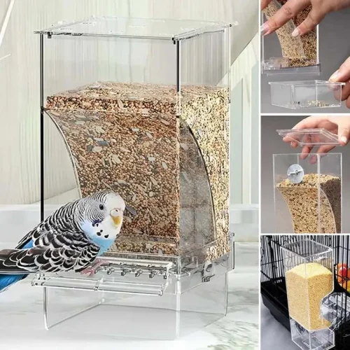 Automatic Parrot Food Feeder No Messes Bird Feeders Acrylic Seed Food Container Cage Accessories For Small And Medium Parakeets
