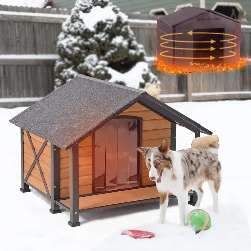 Outdoor Dog House,Weatherproof Wooden Dog Shelter for Medium and Large Sized Dogs,Iron Frame Indoor Outdoor Kennel,Pets Warm Hou