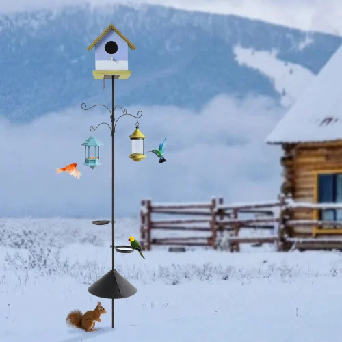 Birdhouse Pole with Hooks Food Trays Adjustable Bird Feeder Pole with Squirrel Proof Baffle