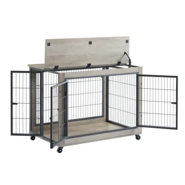 Wooden Dog Crate Furniture, 38.5" Dog Kennel with 3 Doors, Flip-up Top Opening and Wheels, Decorative Pet Crate Dog House