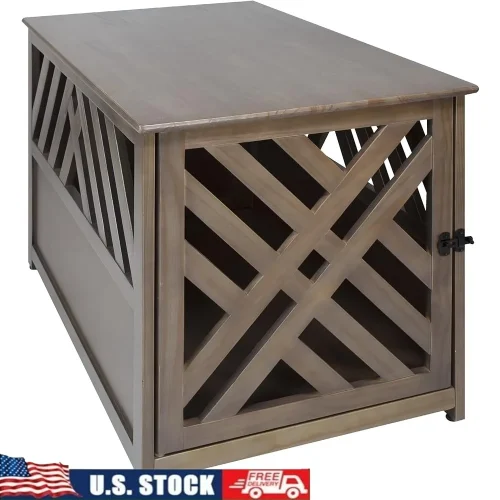 Wooden Pet Crate End Table Lockable Lattice Design Indoor Pet House Solid Wood Construction Durable Safe Space Large