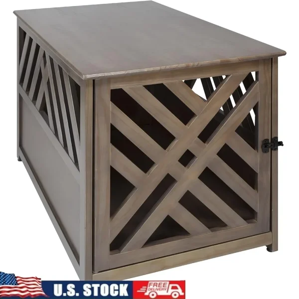 Wooden Pet Crate End Table Lockable Lattice Design Indoor Pet House Solid Wood Construction Durable Safe Space Large
