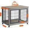 Wooden Dog Crate Furniture, 38.5" Dog Kennel with 3 Doors, Flip-up Top Opening and Wheels, Decorative Pet Crate Dog House