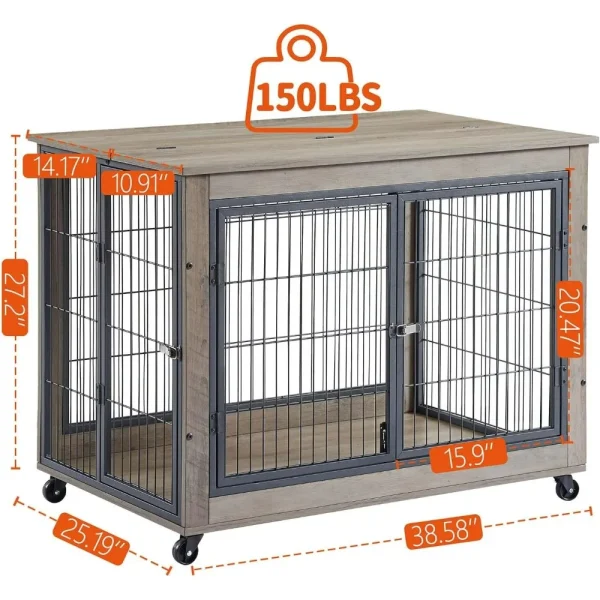 Wooden Dog Crate Furniture, 38.5" Dog Kennel with 3 Doors, Flip-up Top Opening and Wheels, Decorative Pet Crate Dog House