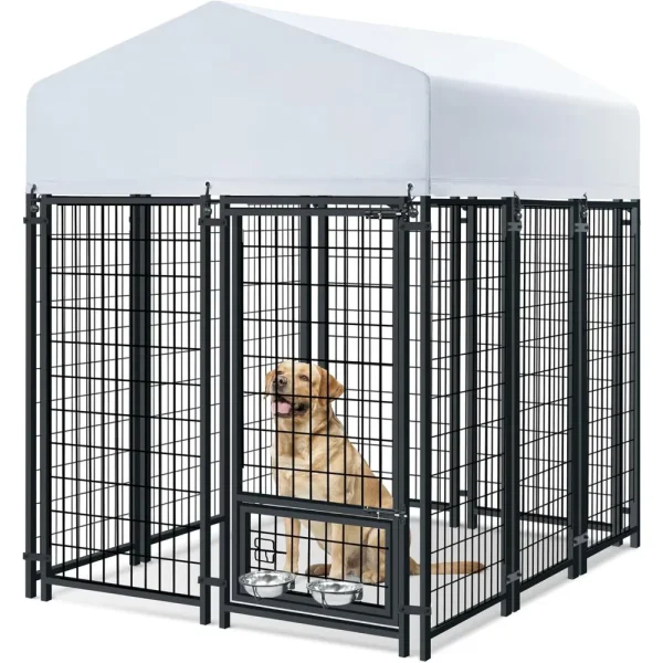 Dog Kennel Outside Large Dog Pen Outdoor with Roof Dogs Run Enclosure with 2 Rotating Bowls Heavy Duty House with Secure