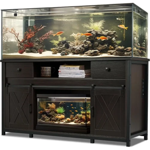 75-120 Gallon Aquarium Stand with Power Outlets - Dual Aquarium Support, Cabinet Storage, Thick Hardwood Top, Versatile Socket w