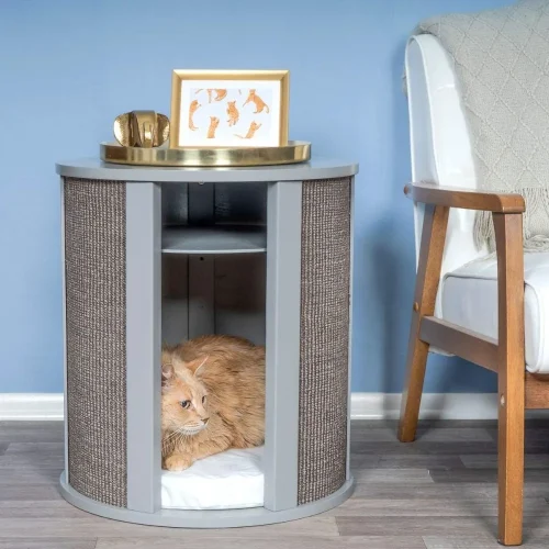 Purrrrfect End Table Cat Bed Cave in Smoke Gray, Multipurpose Wood Cat Furniture Nightstand, Easy to Clean Covered Cat Bed