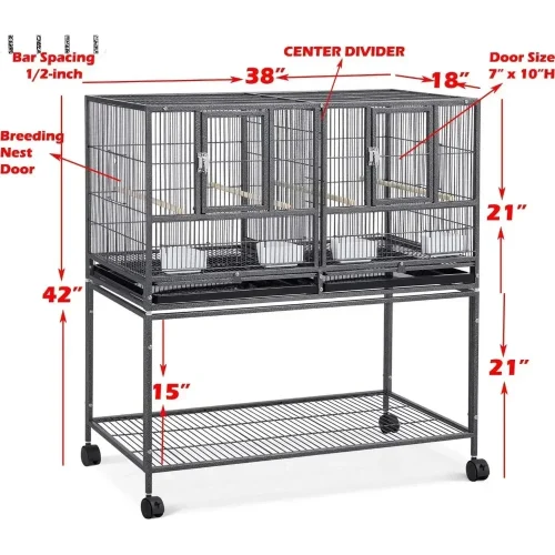 Combo Breeding Stacker Center Divided Breeder Bird Flight Double Rolling Cage with Side Breeding Nest Door (Black Vein