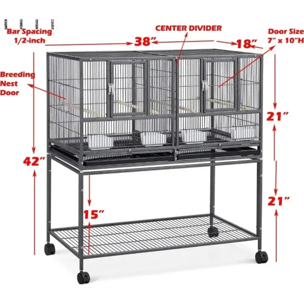 Combo Breeding Stacker Center Divided Breeder Bird Flight Double Rolling Cage with Side Breeding Nest Door (Black Vein