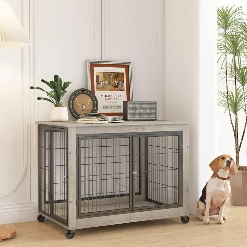 Wooden Dog Crate Furniture, 38.5" Dog Kennel with 3 Doors, Flip-up Top Opening and Wheels, Decorative Pet Crate Dog House