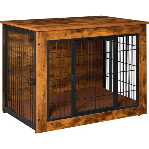 Dogs Crate Furniture with Thick Cushion, Side End Table Wooden Dogs Cage with Double Doors, Chew-Resistant Dogs Kennel Dog House