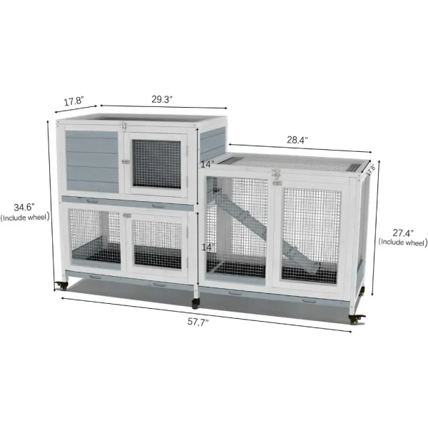 Two Floors 58" Wooden Indoor Bunny Hutch Rabbit Cage on Wheels Guinea Pig PET House for Small to Medium Animals